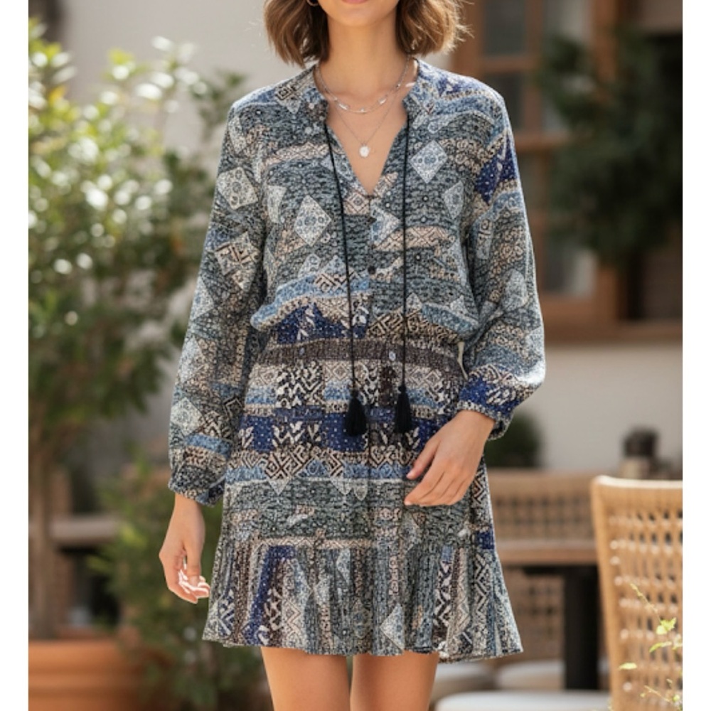 Jaase Blue Floral Babydoll Long‎ Sleeve Boho Tassels Flare Dress Size LARGE